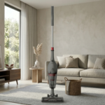 A sala de estar tem paredes texturizadas de cor bege claro, grandes janelas que mostram uma vista para um jardim verde, um sofá bege de dois lugares com almofadas, uma poltrona de tecido, um armário de mídia de madeira, uma mesa lateral de madeira com um vaso de grama de pampas e uma xícara, e uma cesta de vime com uma manta. O chão é coberto por um tapete cinza texturizado. A iluminação é natural e suave, vinda da janela.